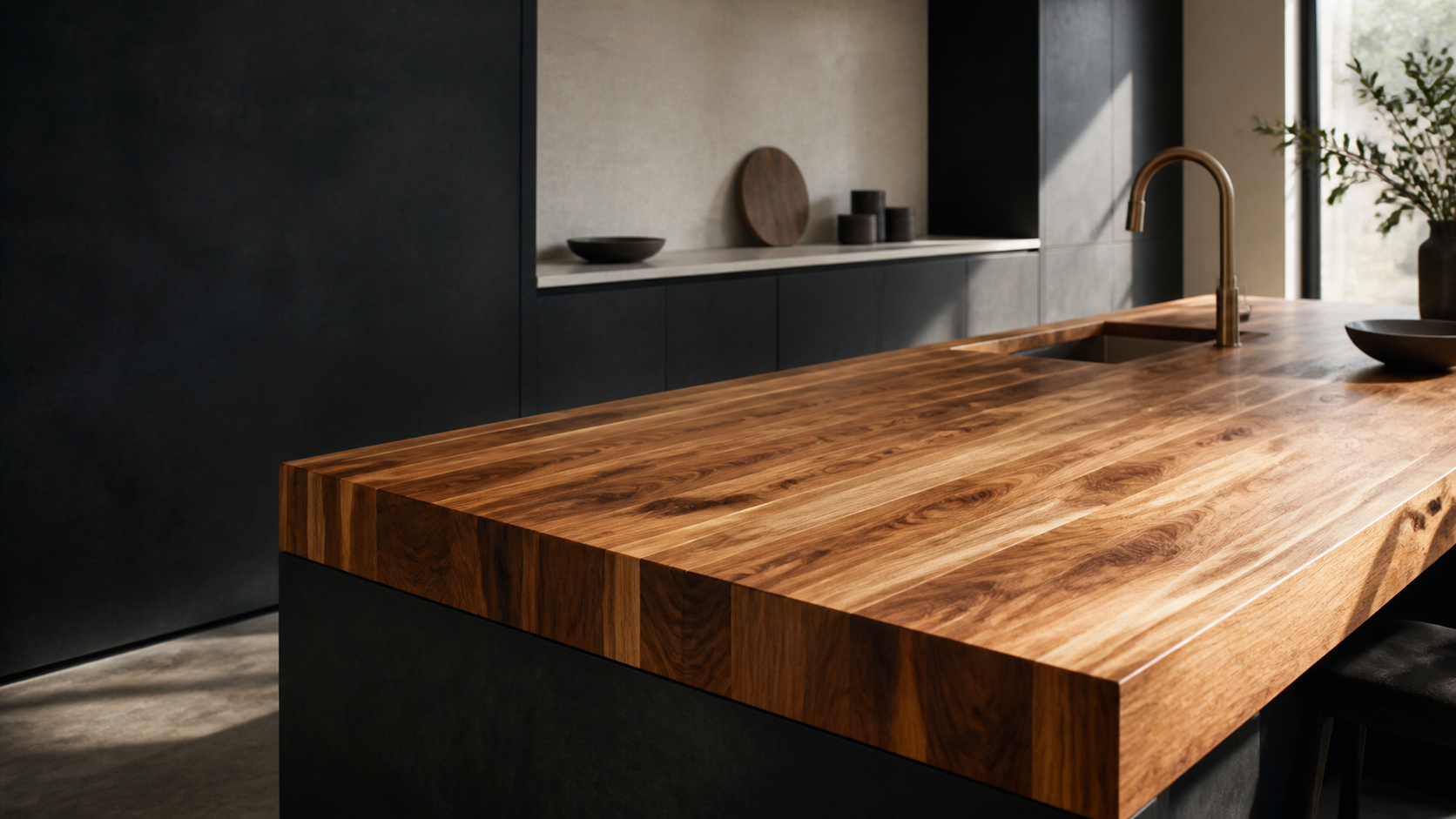 Thick Acacia butcher block island in a contemporary interior